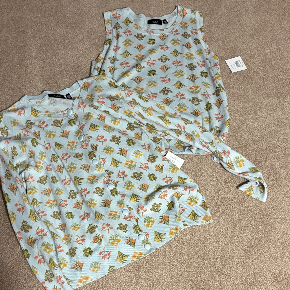 Ella Blue Cardigan Set with Floral Patterns
